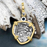 Heart Shaped Atocha Era Buried Spanish 1 Reale Piece of Eight 14K Gold and Blue Sapphire Pendant