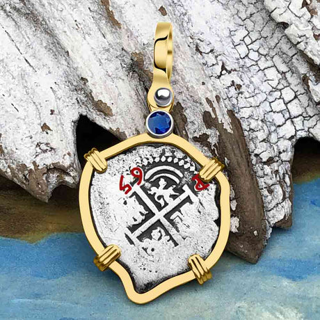 Heart Shaped Pirate Era 1665 Spanish 1 Reale Cob Piece of 8 14K Gold with Blue Sapphire Pendant