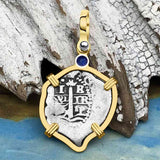Heart Shaped Pirate Era 1665 Spanish 1 Reale Cob Piece of 8 14K Gold with Blue Sapphire Pendant