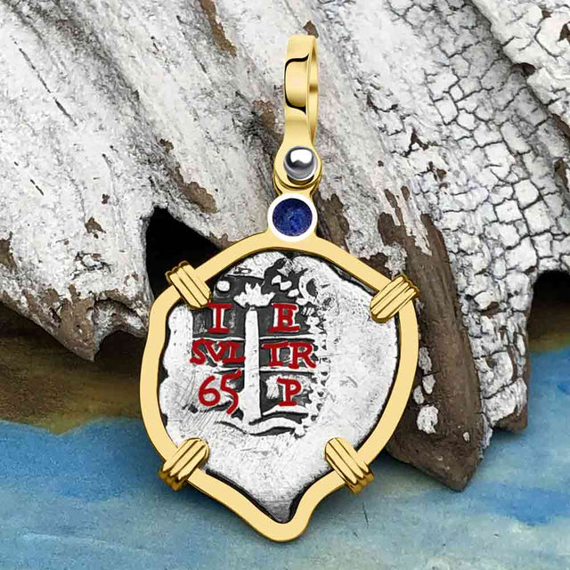 Heart Shaped Pirate Era 1665 Spanish 1 Reale Cob Piece of 8 14K Gold with Blue Sapphire Pendant