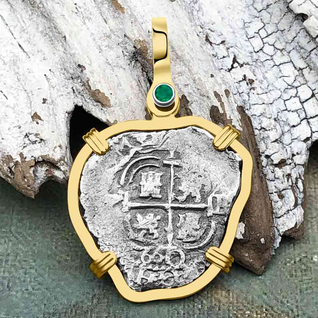STUNNING Heart Shaped Pirate Era 1660 Spanish 1 Reale Cob Piece of 8 14K Gold with Emerald Pendant