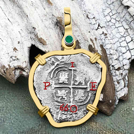 STUNNING Heart Shaped Pirate Era 1660 Spanish 1 Reale Cob Piece of 8 14K Gold with Emerald Pendant
