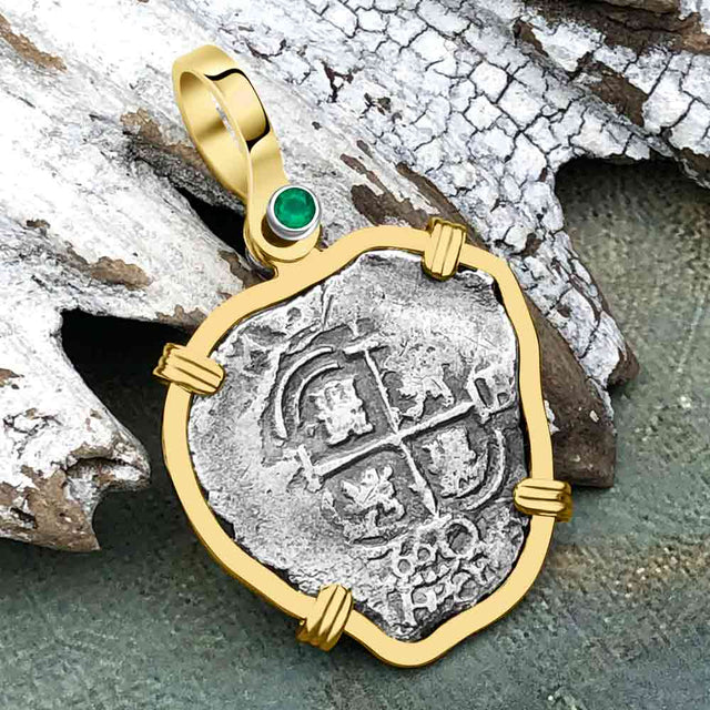 STUNNING Heart Shaped Pirate Era 1660 Spanish 1 Reale Cob Piece of 8 14K Gold with Emerald Pendant