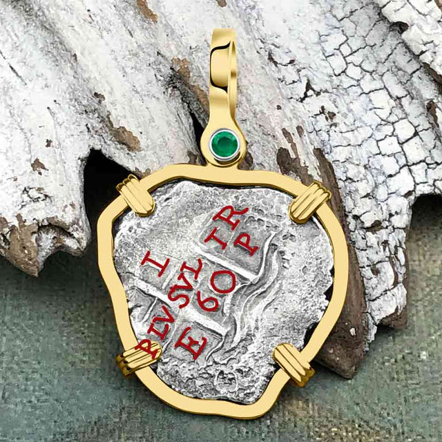 STUNNING Heart Shaped Pirate Era 1660 Spanish 1 Reale Cob Piece of 8 14K Gold with Emerald Pendant