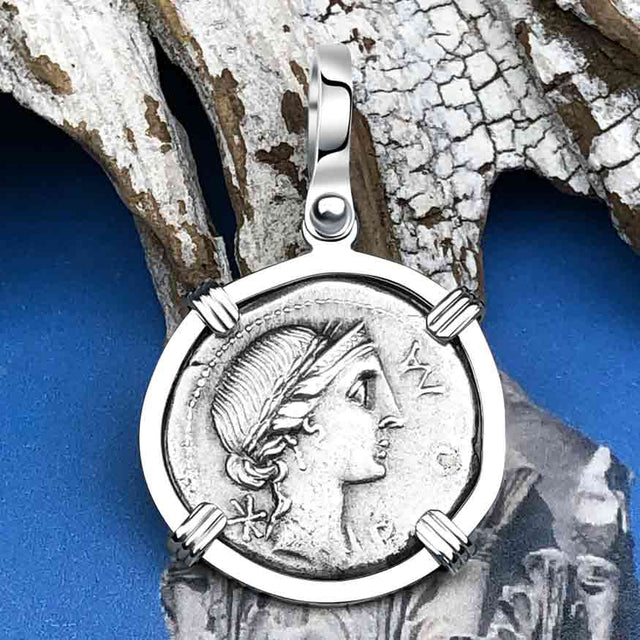 Roman Republic Silver Denarius 114 BC Roma & the Horseman 14K White Gold Pendant