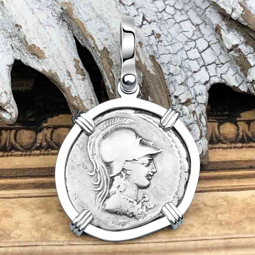 Roman Republic Silver Denarius 46 BC Minerva and Victory 14K White Gold Pendant