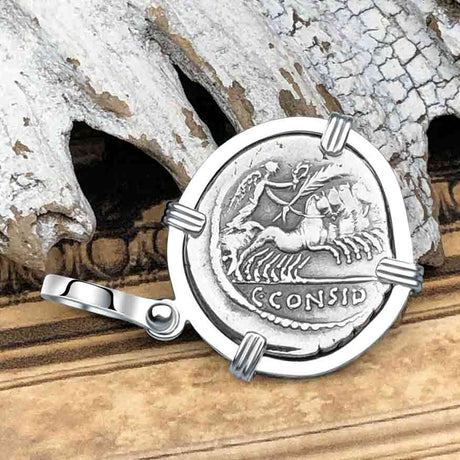 Roman Republic Silver Denarius 46 BC Minerva and Victory 14K White Gold Pendant