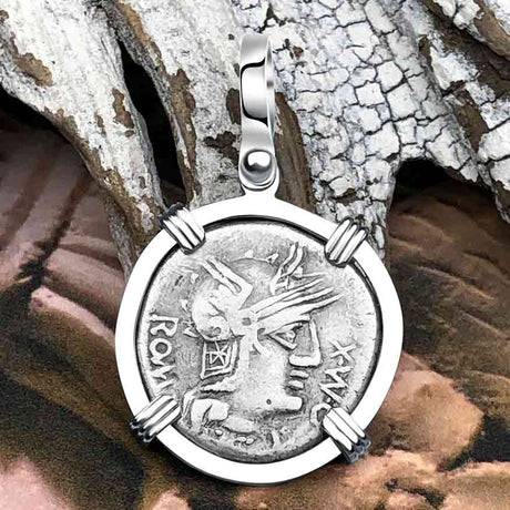 Roman Republic Silver Denarius 127 BC Roma & Abundance 14K White Gold Pendant