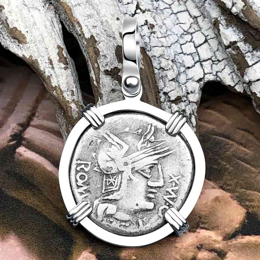 Roman Republic Silver Denarius 127 BC Roma & Abundance 14K White Gold Pendant