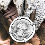Roman Republic Silver Denarius 127 BC Roma & Abundance 14K White Gold Pendant