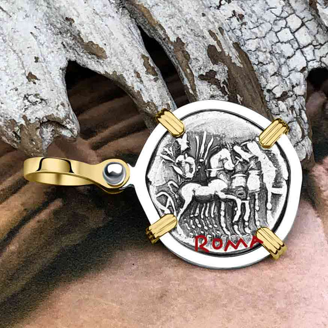 Roman Republic Silver Denarius 130 BC Jupiter and Roma 14K Gold and Sterling Silver Pendant 