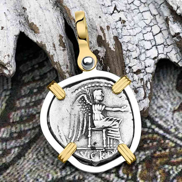 Roman Republic Silver Denarius 89 BC Victory 14K Gold and Sterling Silver Pendant 