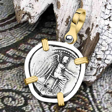 Roman Republic Silver Denarius 89 BC Victory 14K Gold and Sterling Silver Pendant 