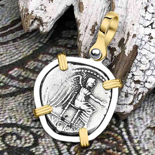 Roman Republic Silver Denarius 89 BC Victory 14K Gold and Sterling Silver Pendant 