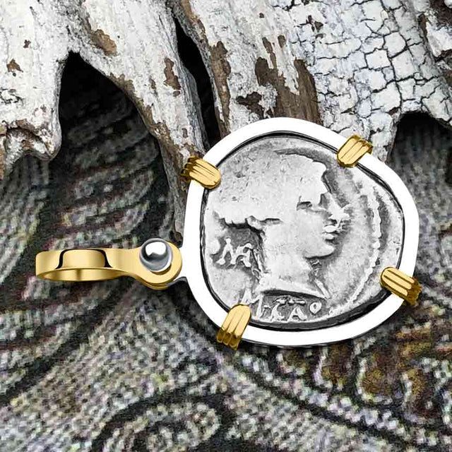 Roman Republic Silver Denarius 89 BC Victory 14K Gold and Sterling Silver Pendant 