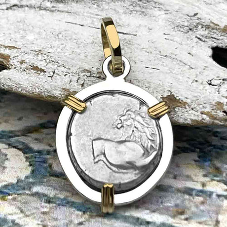 Ancient Greek Lion Hemidrachm 400 BC 14K Gold and Sterling Silver Pendant