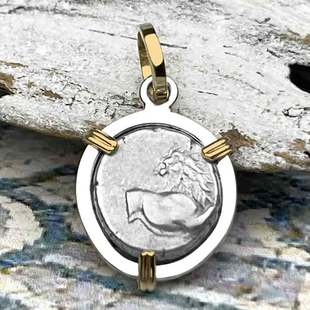 Ancient Greek Lion Hemidrachm 400 BC 14K Gold and Sterling Silver Pendant