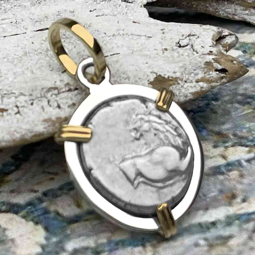 Ancient Greek Lion Hemidrachm 400 BC 14K Gold and Sterling Silver Pendant | Artifact #3530