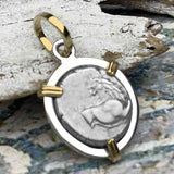 Ancient Greek Lion Hemidrachm 400 BC 14K Gold and Sterling Silver Pendant | Artifact #3530