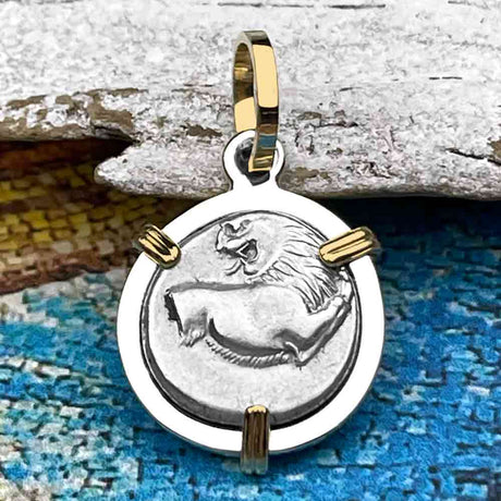 Ancient Greek Lion Hemidrachm 400 BC 14K Gold and Sterling Silver Pendant