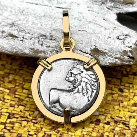 Ancient Greek Lion Hemidrachm 400 BC 14K Gold Pendant 