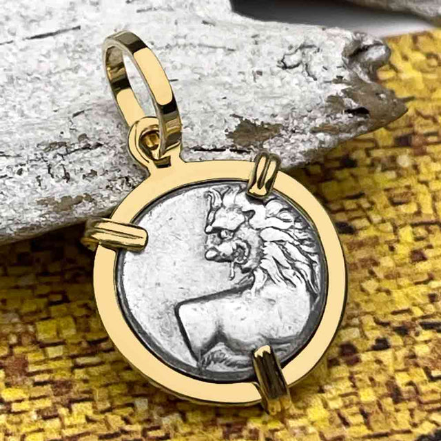 Ancient Greek Lion Hemidrachm 400 BC 14K Gold Pendant 