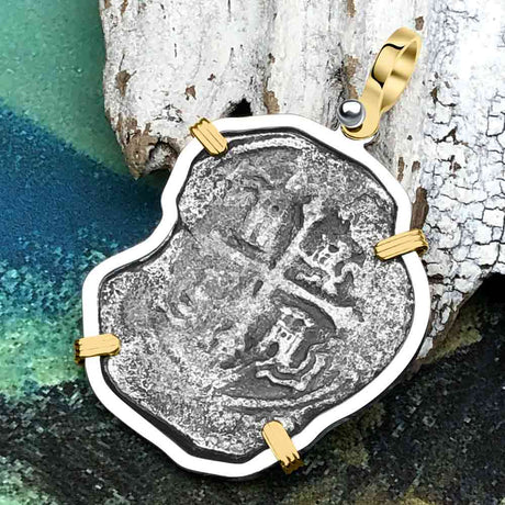 Concepcion Shipwreck 4 Reale Silver Piece of 8 14K Gold and Sterling Silver Pendant