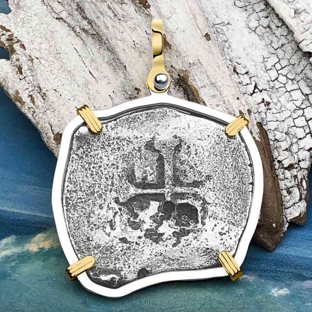 Concepcion Shipwreck 4 Reale Silver Piece of 8 14K Gold and Sterling Silver Pendant | Artifact #3542