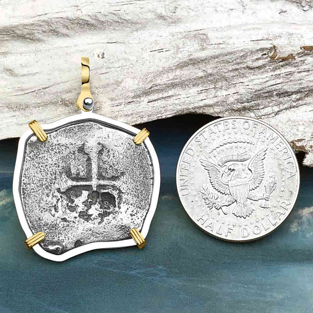 Concepcion Shipwreck 4 Reale Silver Piece of 8 14K Gold and Sterling Silver Pendant | Artifact #3542