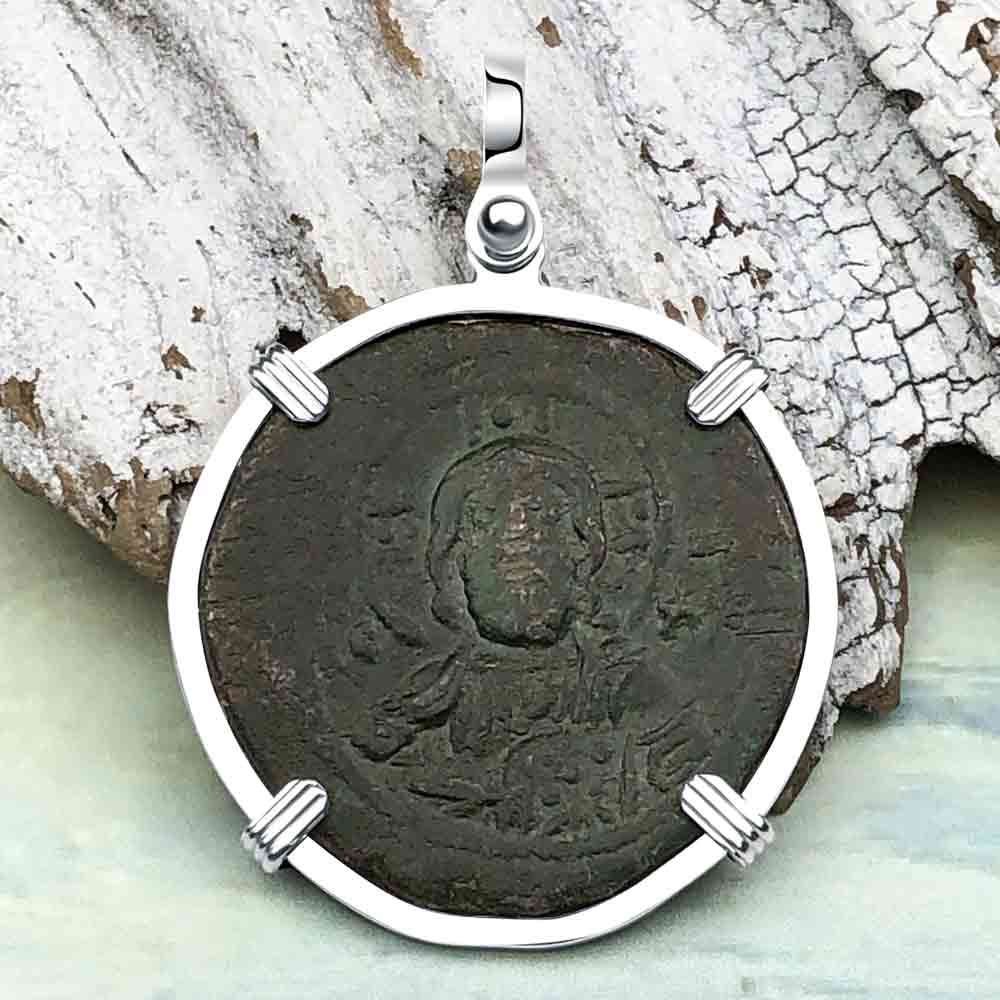 Byzantine Bronze Follis Coin - Jesus Christ, King of Kings in a Sterling Silver Pendant 