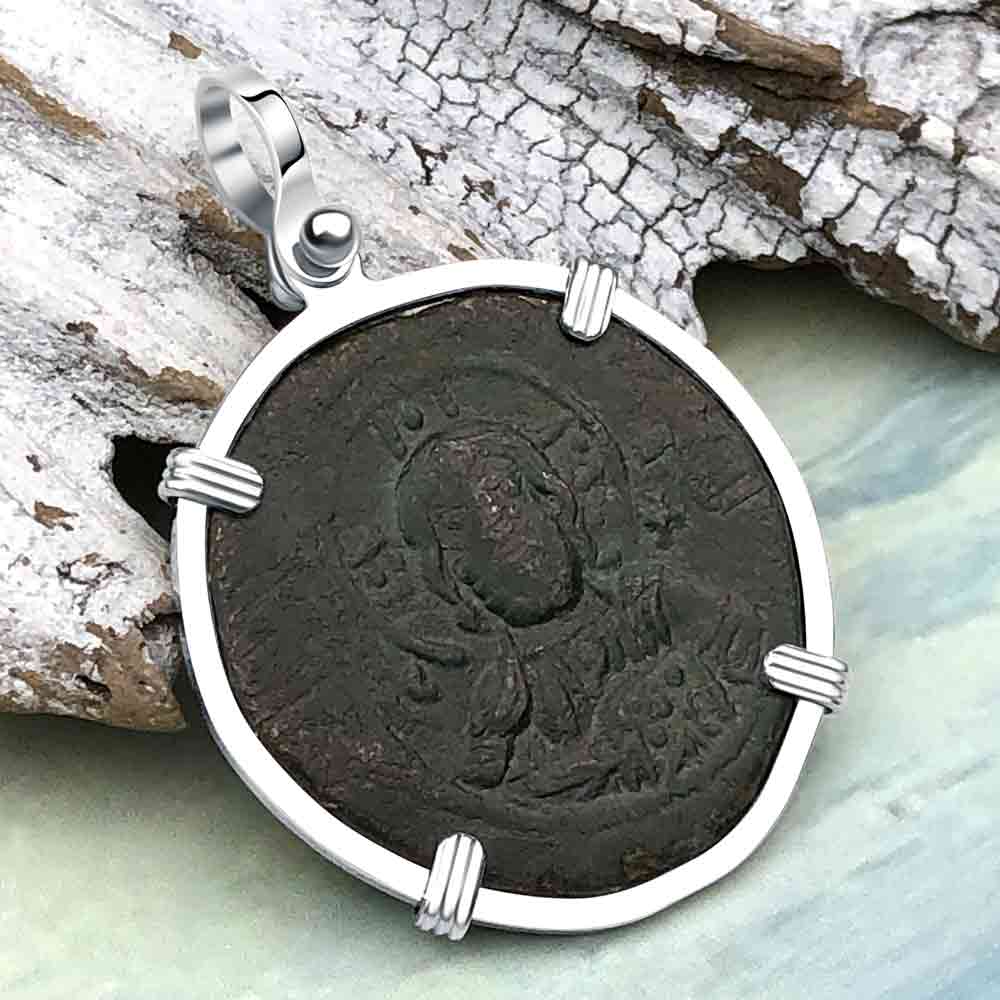Byzantine Bronze Follis Coin - Jesus Christ, King of Kings in a Sterling Silver Pendant 