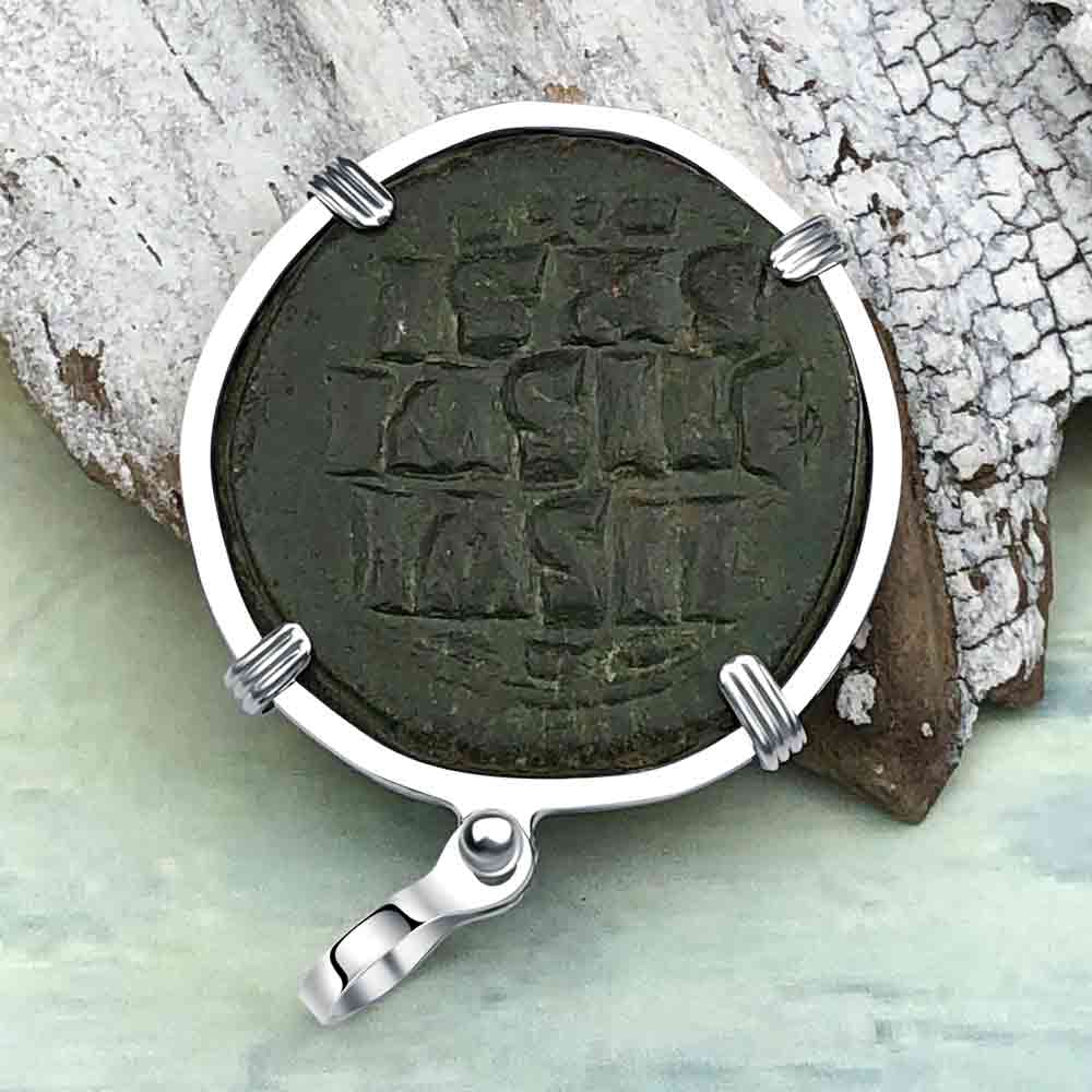 Byzantine Bronze Follis Coin - Jesus Christ, King of Kings in a Sterling Silver Pendant 