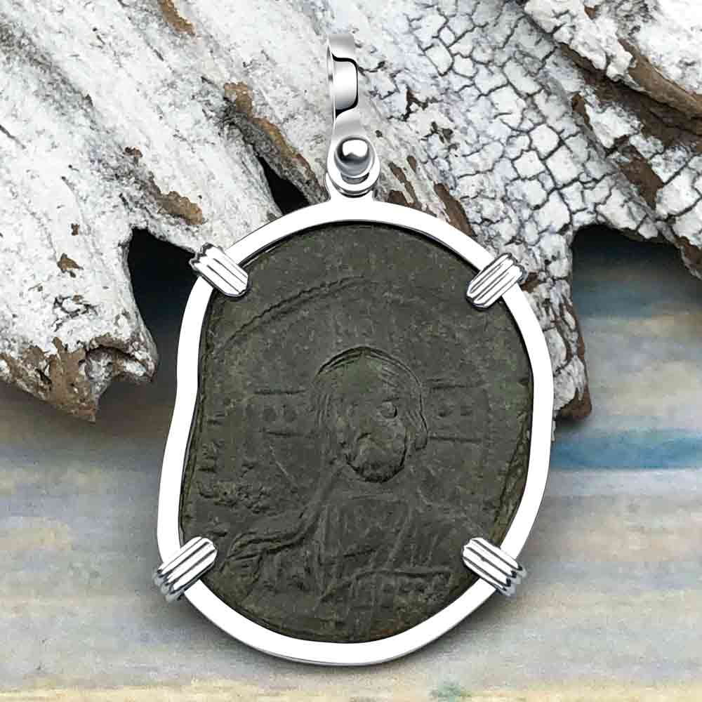 Byzantine Bronze Follis Coin - Jesus Christ, King of Kings in a Sterling Silver Pendant