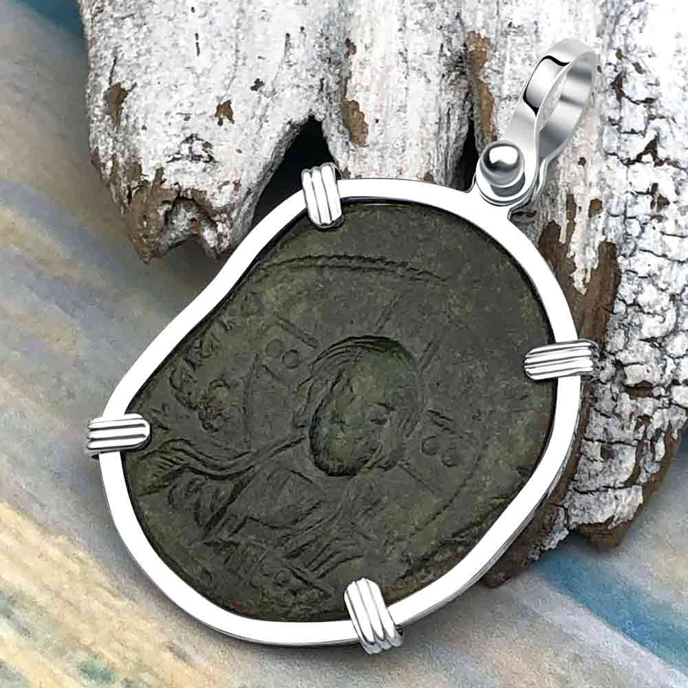 Byzantine Bronze Follis Coin - Jesus Christ, King of Kings in a Sterling Silver Pendant