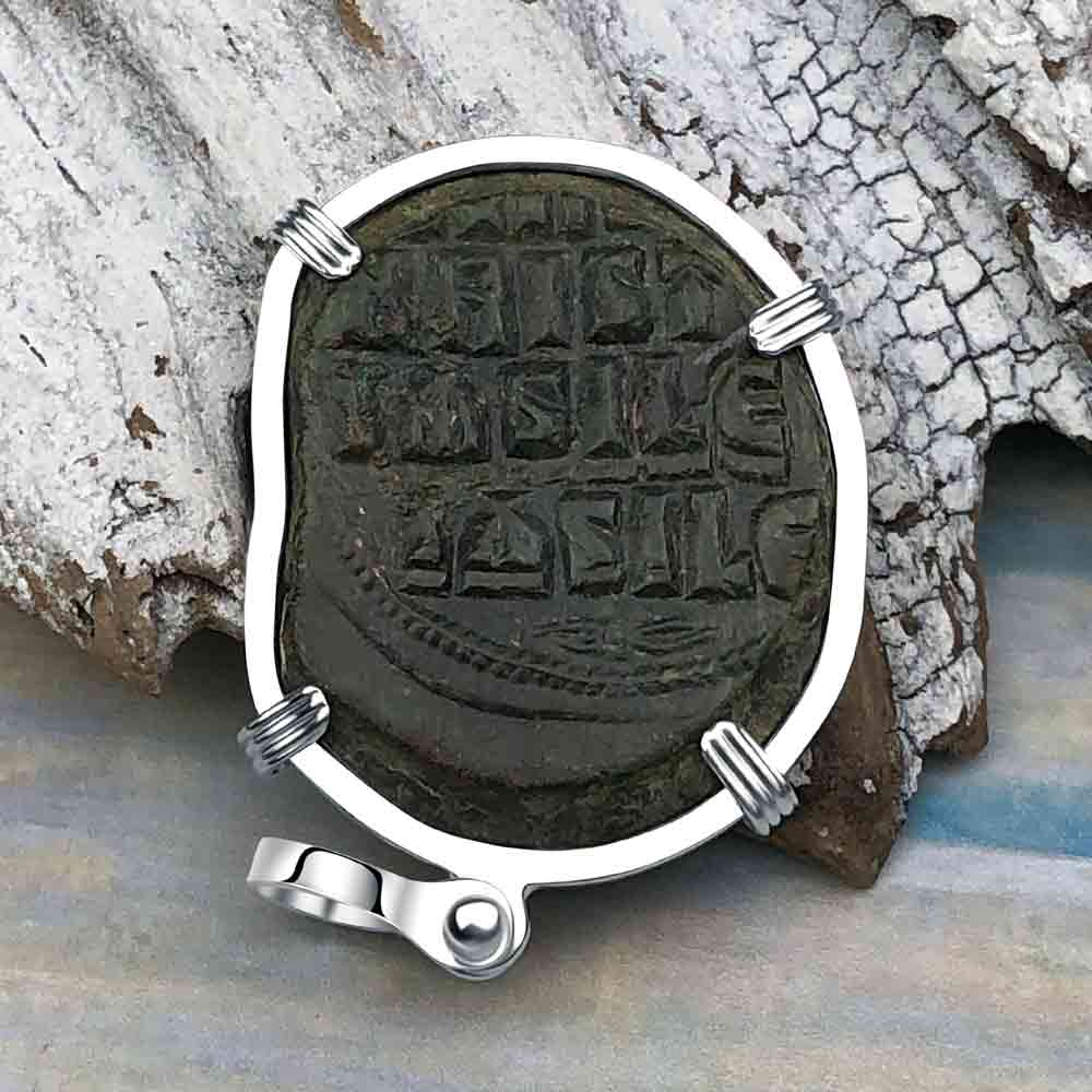 Byzantine Bronze Follis Coin - Jesus Christ, King of Kings in a Sterling Silver Pendant