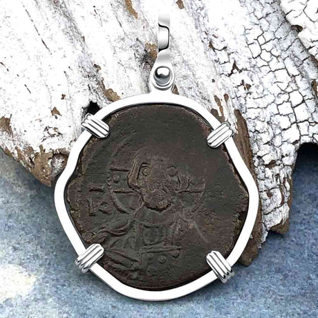 Byzantine Bronze Follis Coin - Jesus Christ, King of Kings in a Sterling Silver Pendant 
