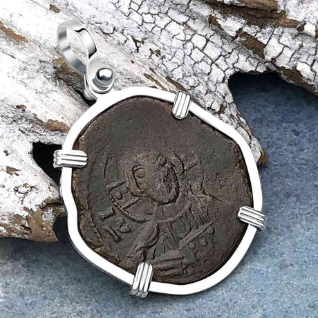 Byzantine Bronze Follis Coin - Jesus Christ, King of Kings in a Sterling Silver Pendant 