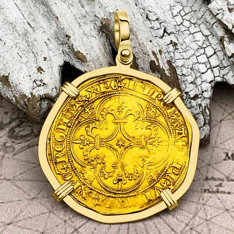 Medieval France Royal 22K Gold Ecu d'or Cross Coin of Charles VI circa 1380 in an 18K Gold Pendant