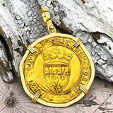Medieval France Royal 22K Gold Ecu d'or Cross Coin of Charles VI circa 1380 in an 18K Gold Pendant