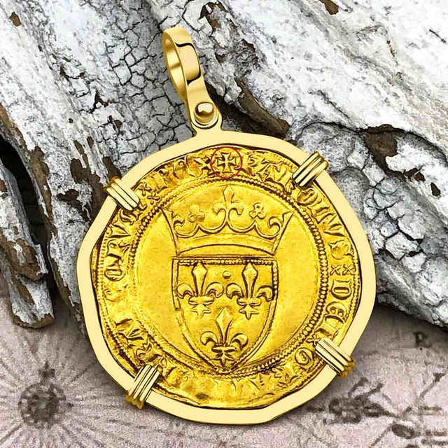 Medieval France Royal 22K Gold Ecu d'or Cross Coin of Charles VI circa 1380 in an 18K Gold Pendant