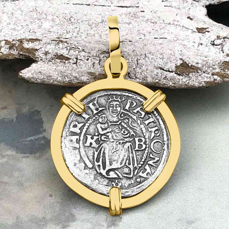 Hungarian Silver Denar Dated 1539 with Mary & Baby Jesus 14K Gold Pendant