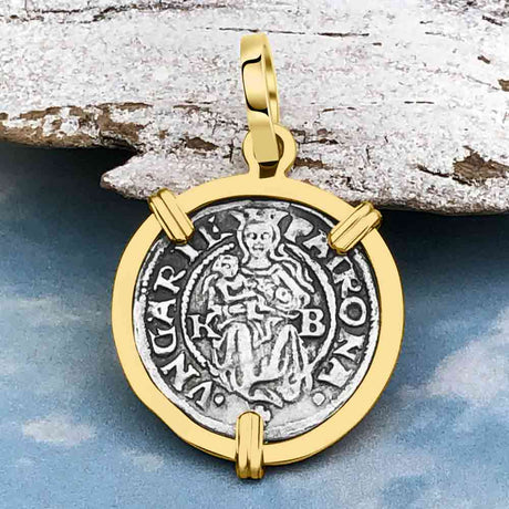 Hungarian Silver Denar Dated 1538 with Mary & Baby Jesus 14K Gold Pendant 