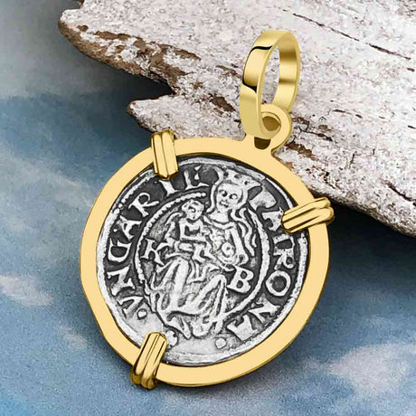 Hungarian Silver Denar Dated 1538 with Mary & Baby Jesus 14K Gold Pendant 