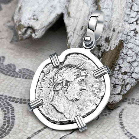 Roman Empire Silver Denarius Coin of Hadrian, the Builder 125 AD Sterling Silver Pendant