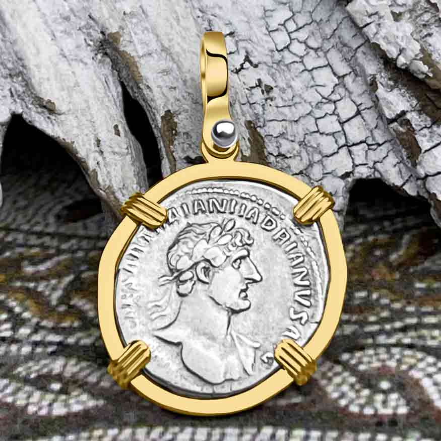 Roman Empire Silver Denarius Coin of Hadrian, the Builder 118 AD 14K Gold Pendant