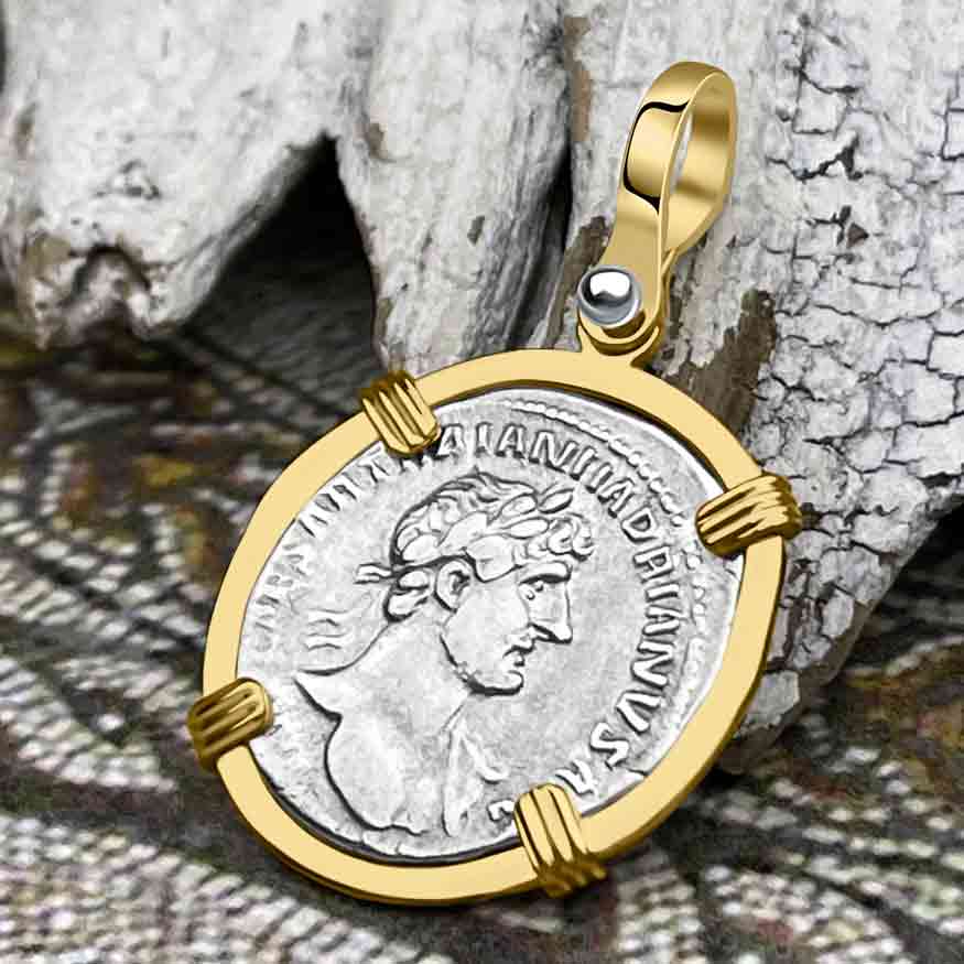 Roman Empire Silver Denarius Coin of Hadrian, the Builder 118 AD 14K Gold Pendant