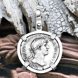 Roman Empire Silver Denarius Coin of Hadrian, the Builder 120 AD 14K White Gold Pendant