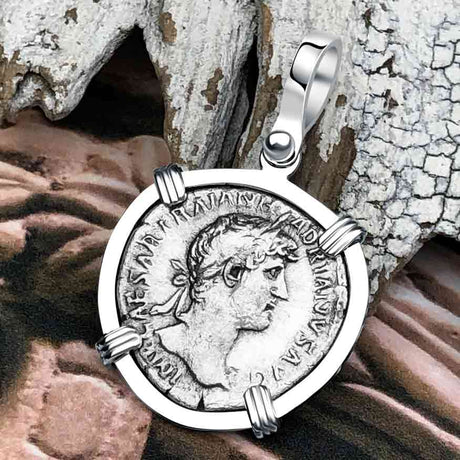 Roman Empire Silver Denarius Coin of Hadrian, the Builder 120 AD 14K White Gold Pendant
