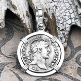 Roman Empire Silver Denarius Coin of Hadrian, the Builder 119 AD 14K White Gold Pendant