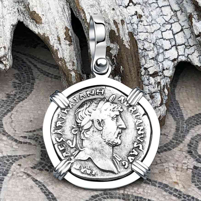 Roman Empire Silver Denarius Coin of Hadrian, the Builder 119 AD 14K White Gold Pendant